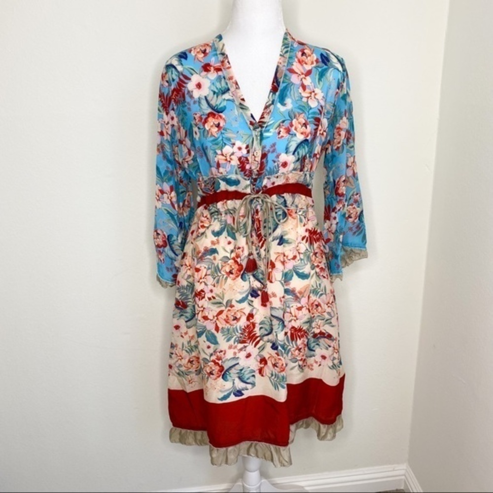 Johnny Was long sleeves floral adjustable waist tie button front closure dress - Picture 5 of 15
